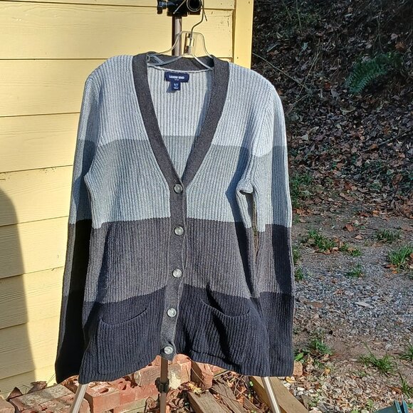 Lands' End Drifter Grey Color Block Cardigan with Pockets & Buttons Sz S/T - Picture 9 of 9